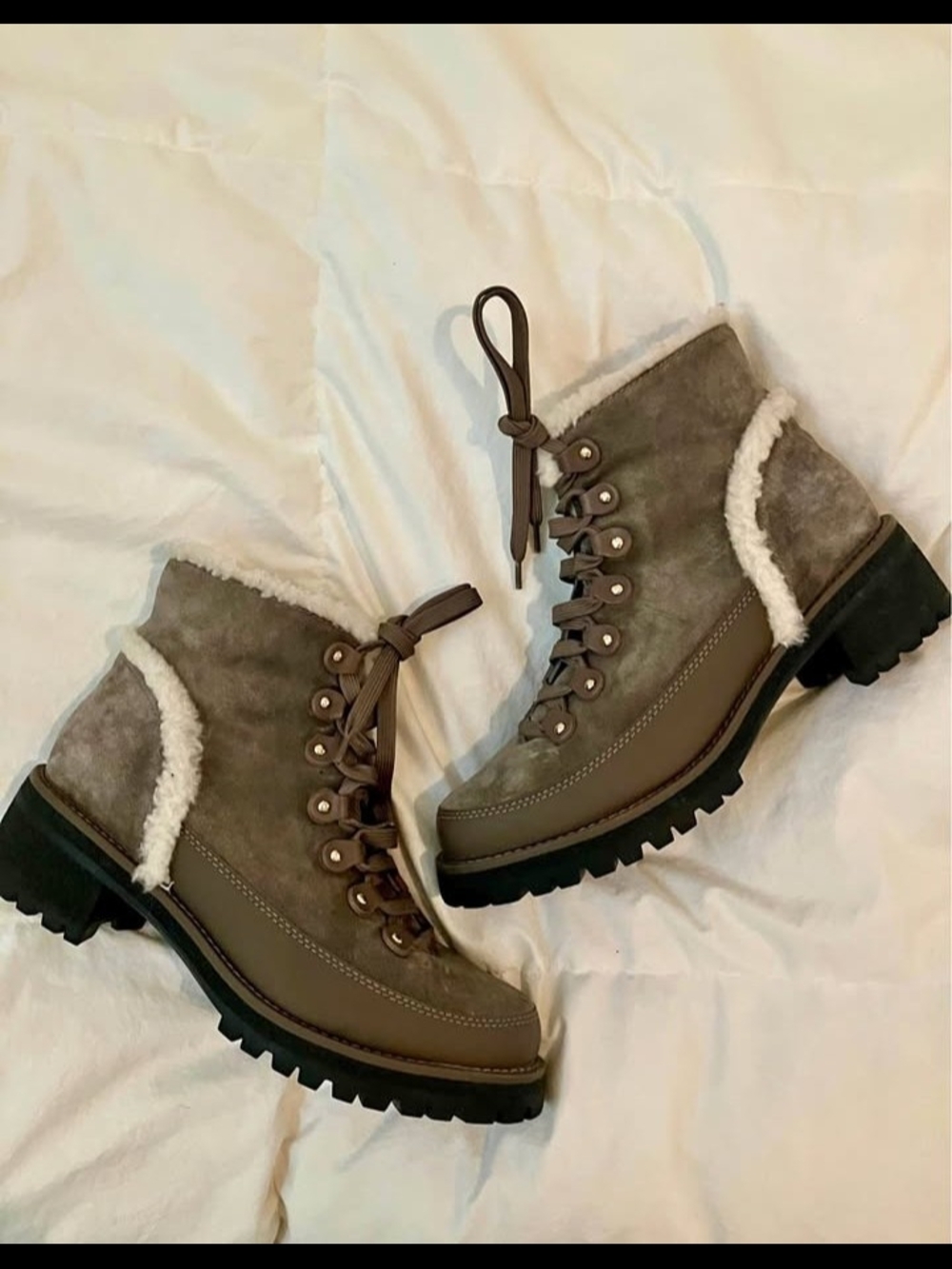 Tory Burch Taupe Lace-Up Shearling Hiking Boots